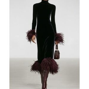 Modesees NWT Velvet Faux Ostrich Feather Hem Maxi Dress Small Black Red Maroon